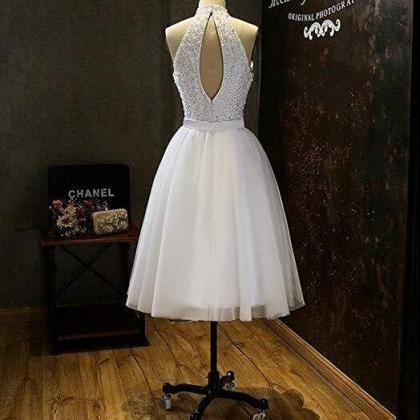 White Tulle Beaded Short Homecoming Dresses A Line..
