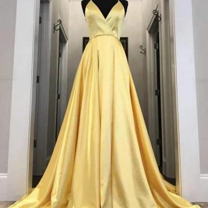 Plus Size Yellow Satin A Line Prom Party Dresses..