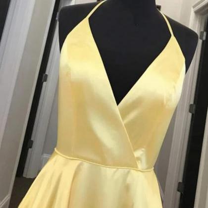 Plus Size Yellow Satin A Line Prom Party Dresses..