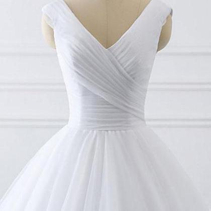 Custom Made V-neck White Tulle Ball Gown Wedding..