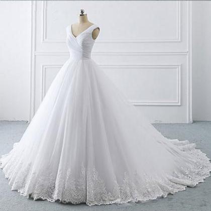 Custom Made V-neck White Tulle Ball Gown Wedding..