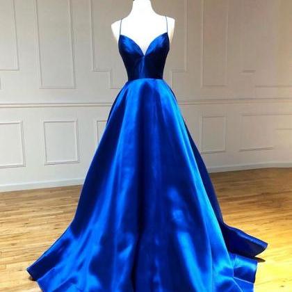 Fashion Blue Satin Backless Prom Dress Strapless..