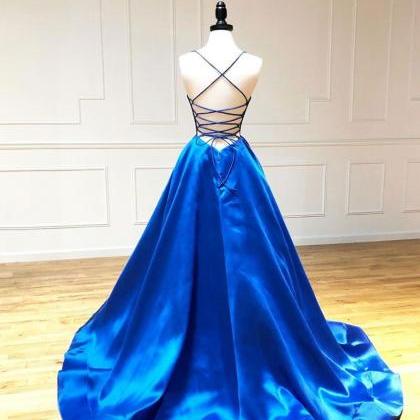 Fashion Blue Satin Backless Prom Dress Strapless..