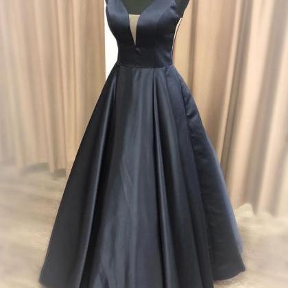 Black Satin A Line Long Prom Dresses Custom Made..