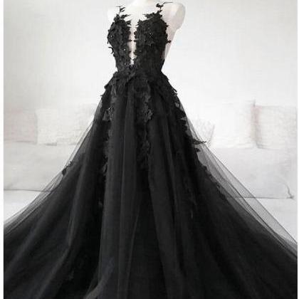 Black Tulle Lace A Line Long Prom Dress ,lace Prom..