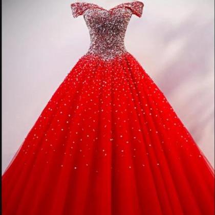 Elegant Red Beaded Tulle Ball Gown Quinceanera..