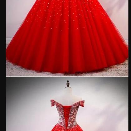Elegant Red Beaded Tulle Ball Gown Quinceanera..