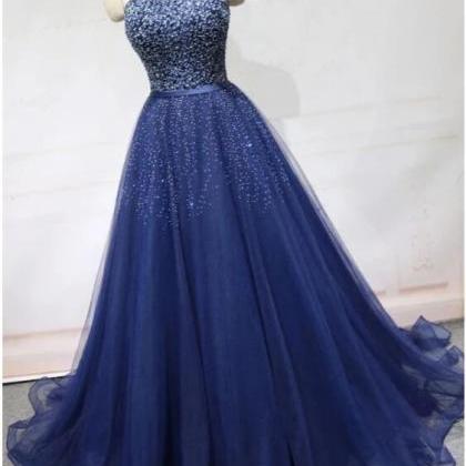 Elegant Navy Blue Beaded A Line Long Prom Dresses..
