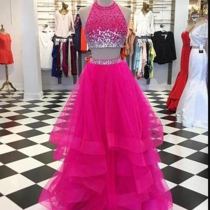 Off Shoulder Fuchsia Tulle Beaded A Line..