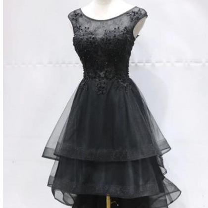 Black Tulle Lace Scoop Neck High Low Homecoming..