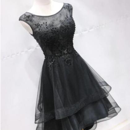 Black Tulle Lace Scoop Neck High Low Homecoming..