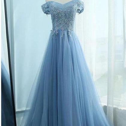 Sexy A Line Blue Tule Lace Long Prom Dresses..