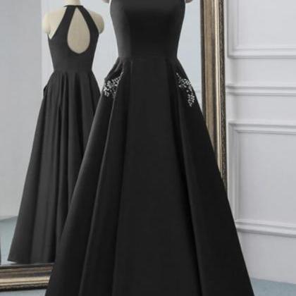 Sexy Backless Black Satin Halter Long Prom Dresses..