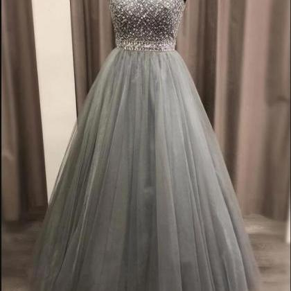 Shiny Beaded A Line Silver Tulle Long Prom Dresses..