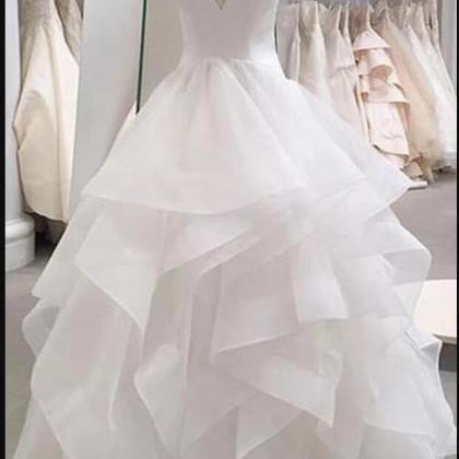 Custom Made V-neck White Organza Long Prom Dresses..
