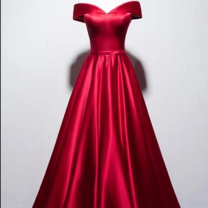 Off Shoulder Red Satin A Line Long Prom Dress..