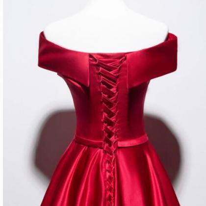 Off Shoulder Red Satin A Line Long Prom Dress..