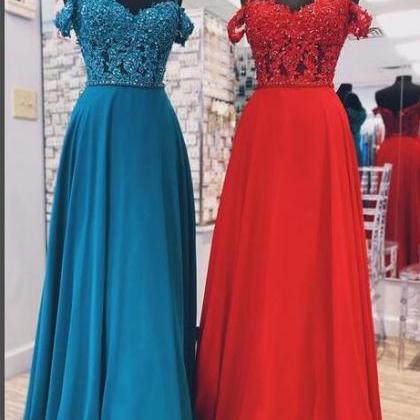 Sexy A Line Red Chiffon Beaded Long Prom Dresses..