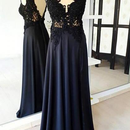 Custom Made Navy Blue Satin Long Prom Dress With..