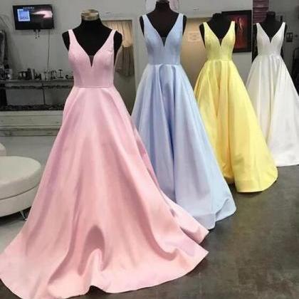 Sexy V-neck Pink Satin Long Prom Dresses A Line..