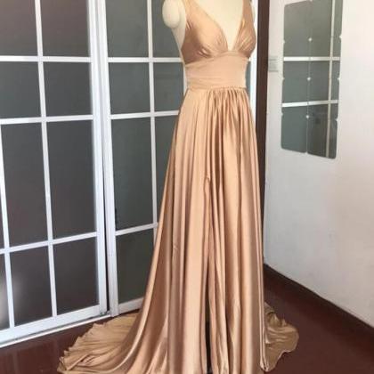 Champagne Satin A Line Long Prom Dresses Custom..