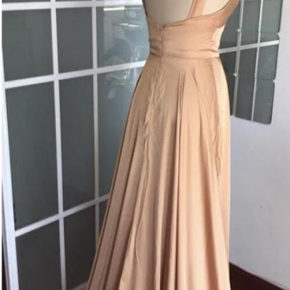 Champagne Satin A Line Long Prom Dresses Custom..