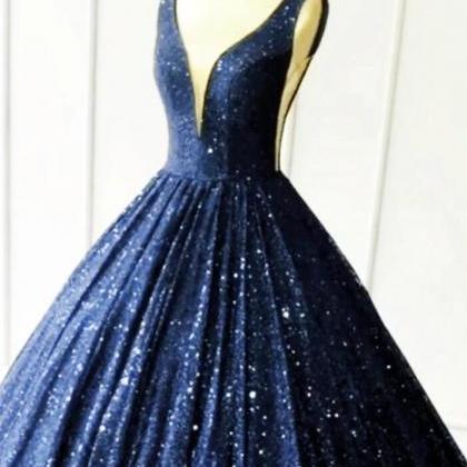 Sexy V-neck Navy Blue Sequin Ball Gown Quinceanera..