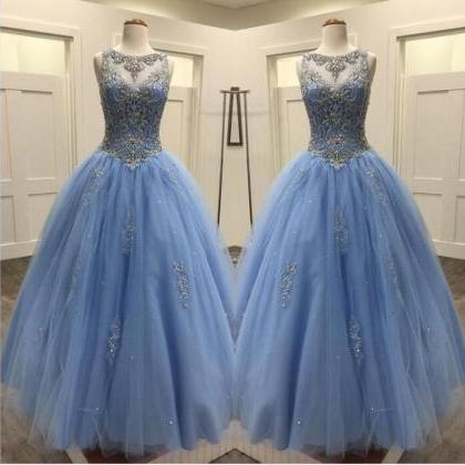 Luxury Beaded Blue Tulle A Line Quinceanera..