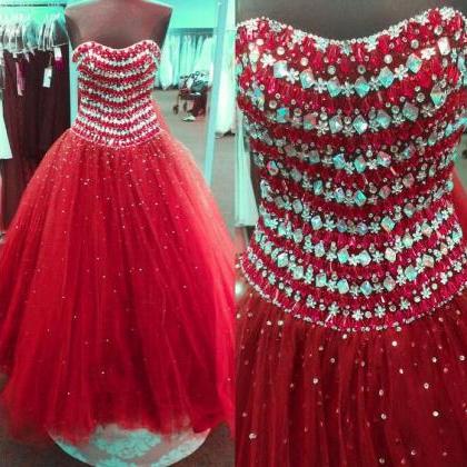 Luxury Beaded Crystal Red Tulle A Line Quinceanera..