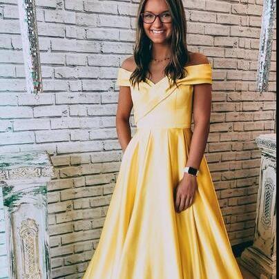 Yellow Satin Ruffle Long Prom Dresses Custom Made..