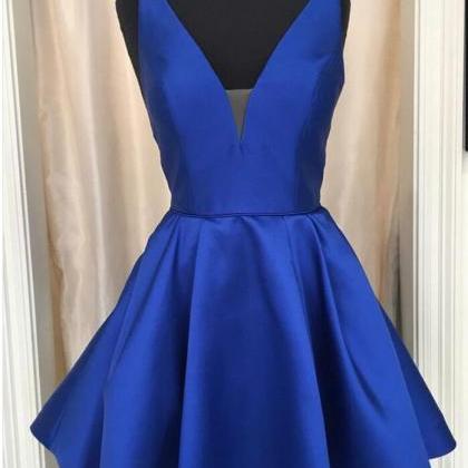 Royal Blue Satin Short Homecoming Dress A Line..