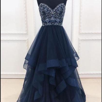 Navy Blue Tulle A Line Beaded Long Prom Dresses..