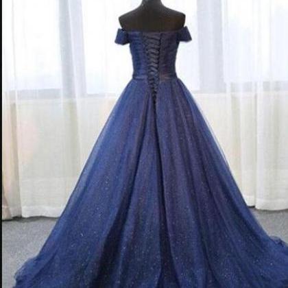 Navy Blue Ruffle Tulle Ball Gown Quinceanera..