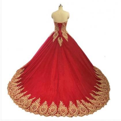 Red Tulle Ball Gown Quinceanera Dresses With Gold..