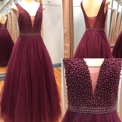 Fashion Pearls Burgundy Tulle Long Prom Dress 2020..