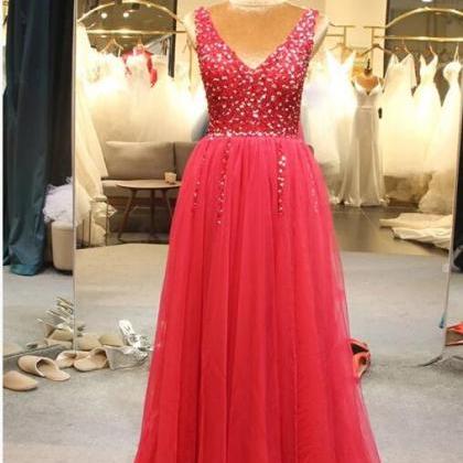 Sexy V-neck Red Tulle Beaded Long Prom Dresses..