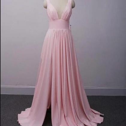 V-neck Light Pink Satin Long Prom Dress Custom..
