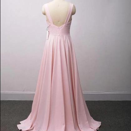 V-neck Light Pink Satin Long Prom Dress Custom..