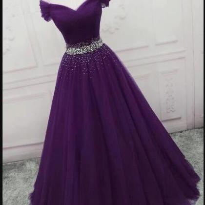 Custom Made Purple Beaded A Line Long Prom Dresses..