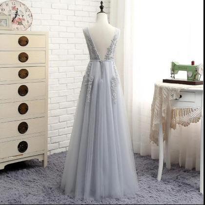 Sexy Silver Tulle Lace Prom Dress Custom Made..