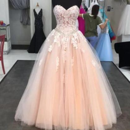 Light Champagne Tulle Ball Gown Long Quinceanera..