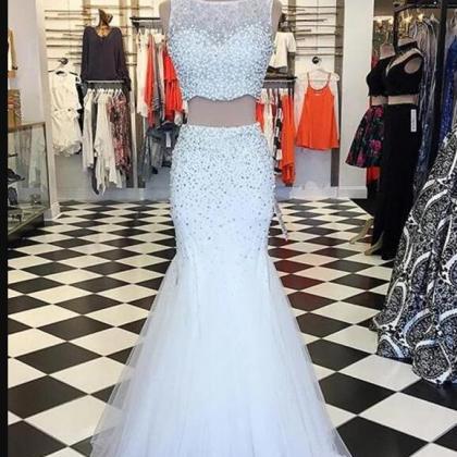 White Tulle Beaded Mermaid Prom Dress 2020 Custom..