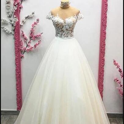 Off Shoulder White Organza Lace Wedding Dresses A..