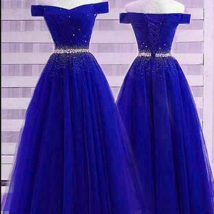 Royal Blue Tulle Beaded Long Prom Dress Sweet..