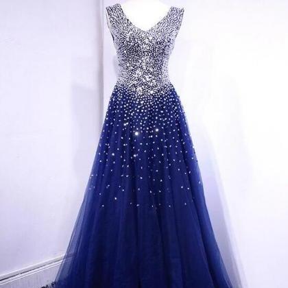 Luxury Beaded V-neck Royal Blue Long Evening Dress..