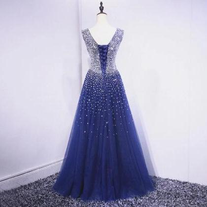 Luxury Beaded V-neck Royal Blue Long Evening Dress..