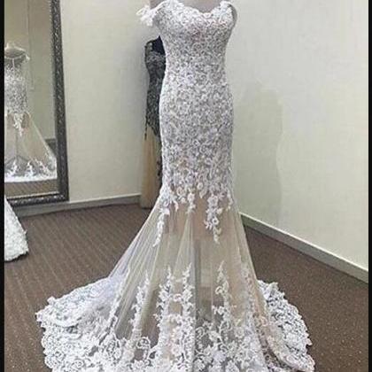 Off Shoulder White Lace Mermaid Prom Dresses..