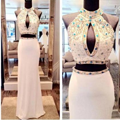 Elegant Two Pieces Beaded Corset Long Prom Dresses..
