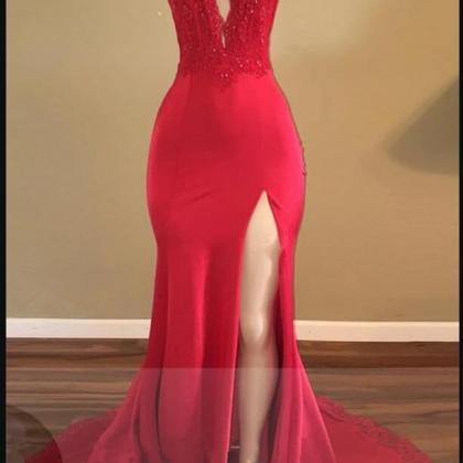 Off Shoulder Red Satin Lace Mermaid Prom Dress..