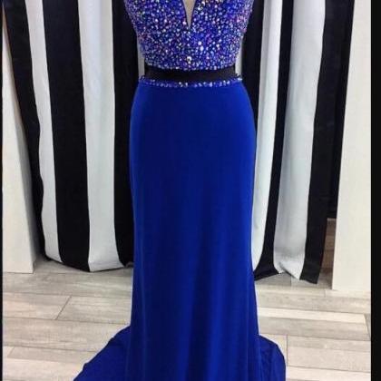 Plus Size A Line Royal Blue Beaded Two Pieces Long..